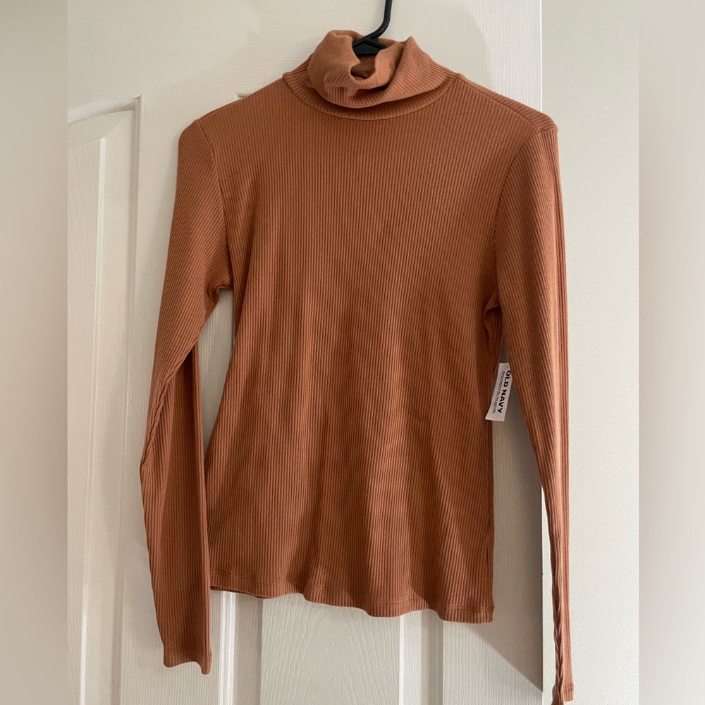 Brown Ribbed Turtleneck Top Long Sleeve